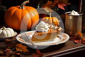 A slices of homemade pumpkin pie with whipped cream, a quintessential dessert for Thanksgiving. Generative Ai