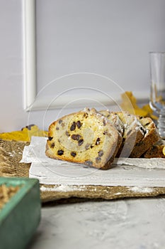 Slices of homemade raisin cake with black tea. Raisin bread cake. Breakfast concept. Rustic style. autumn still life