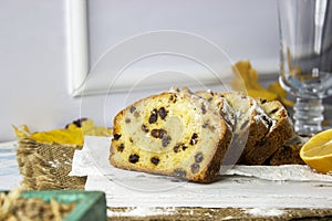 Slices of homemade raisin cake with black tea. Raisin bread cake. Breakfast concept. Rustic style. autumn still life