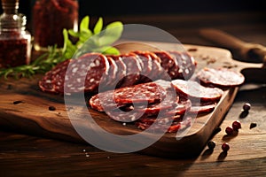 slices of italian salami sausagges in a wooden board