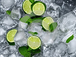 Slices of juicy lime and ice cubes, fresh mint and splashing cold water on white background, ai generative