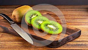 Slices of Kiwi on a Wooden Cutting Board with a Table Knife - Generative Ai