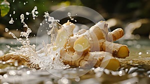 slices of lemon, ginger in splashes of water fly