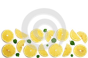 Slices lemon with mint leaves isolated on white background with copy space for your text. Flat lay, top view