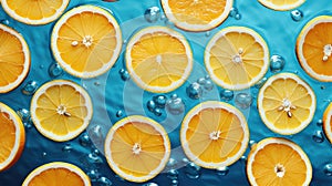 Slices of lemon and orange in water with bubbles on blue background top view