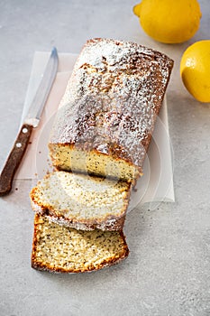 Slices of lemon pound cake with poppy seeds. Top view