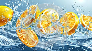 Slices of lemon with water splash. Isolated ripe summer fruits on transparent background.