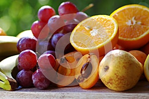 Slices of loquat fruits, grapes