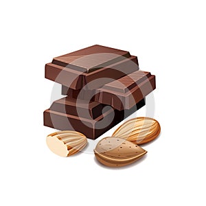 Slices of milk and dark chocolate with almonds. Vector illustration.