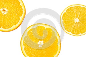 Slices of orange fruit and lemon isolated on white background, top view