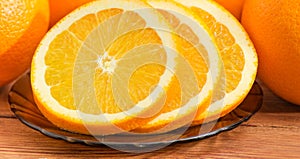 Slices of an orange on a glass saucer closeup