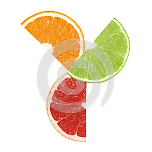 Slices of orange, grapefruit and lime fruits are located in a circle isolated on white background, with clipping path