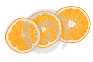 Slices of orange isolated on white background. Flat lay, top view. Fruit composition