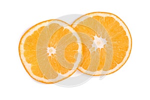 Slices of orange isolated on white background. Flat lay, top view. Fruit composition