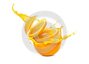 Slices of orange in splash close up, isolated