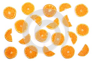 Slices of orange or tangerine isolated on white background. Flat lay, top view. Fruit composition