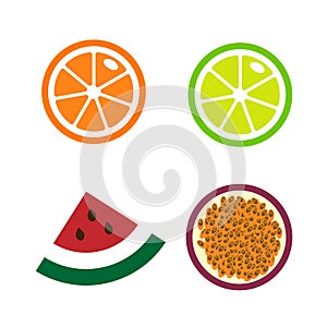 Slices of oranges, lime, watermelon, passion fruit. Collection of fresh ripe fruit  icon vector illustration isolated