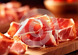 Slices of parma ham on wooden board.Macro.AI Generative