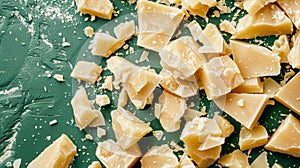 Slices of parmesan cheese on a green table, view from above. Background full-frame with chunks and crumbles of parmesan