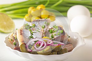 Slices of pickled herring with red onion, fermented cucumber, fried potatoes, olives, boiled eggs and herbs on a light table