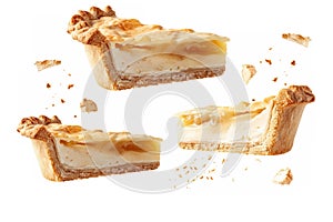 slices of pie hovering in mid-air, highlighting the textures and flavors.