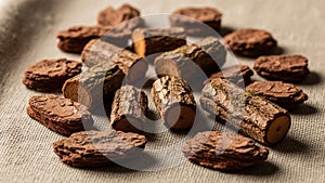 Slices and pieces of tree bark are arranged on a textured surface