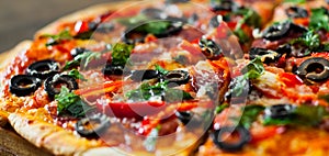 Pizza with Mozzarella cheese, salami, pepper, pepperoni, Tomatoes, olives, Spices and Fresh Basil. Italian pizza