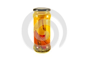 Slices potted preserved peppers in glass jar isolated on white