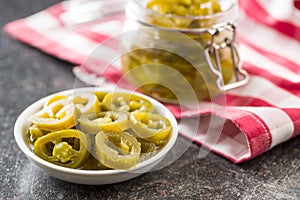 Slices of preserved Jalapeno pepper.