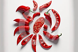 Slices of a red chili pepper on a white backdrop. flattop view