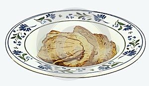 Slices of roast with gravy in decorated plate