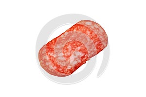 Slices of salami isolated on white background