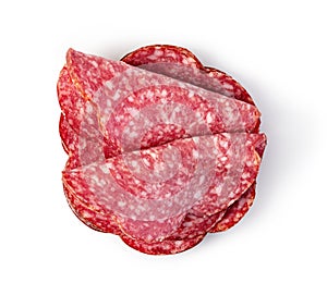 Slices of salami on a white background