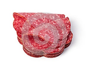 Slices of salami on a white background