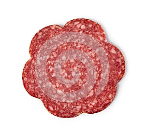 Slices of salami on a white background