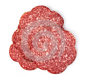 Slices of salami on a white background