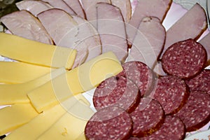 Slices of sausage, ham and cheese