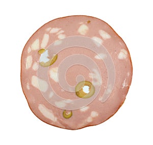 Slices of Sausage Mortadella with olives isolated on white background.