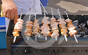 Slices of sausages on skewers