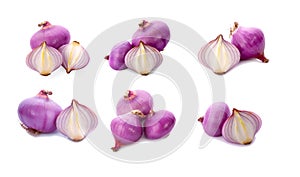 Slices of shallot onions for cooking on white background