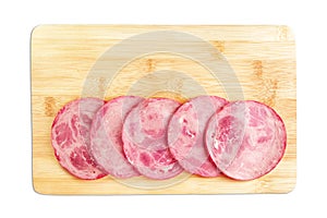 Slices of sliced ham on the kitchen Board. Isolated on a white background