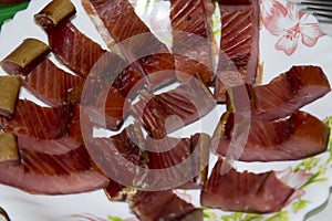 Slices of smoked red fish