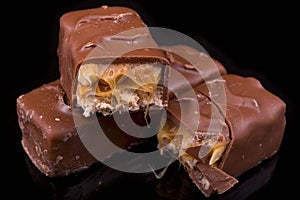 Slices of Snickers bars on a black background photo