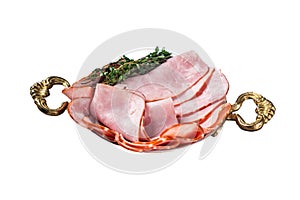 Slices of square sandwich ham with herbs in skillet. Isolated on white background. Top view.