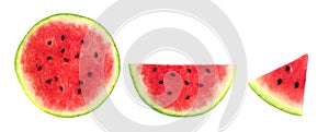 Slices of summer watermelon, whole, half and piece isolated on white