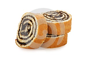 Slices of sweet roll cake isolated on white background