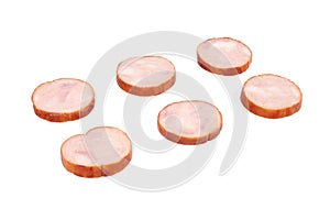 Slices of tasty chicken meat , isolated on white background