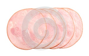 Slices of tasty fresh ham isolated on white