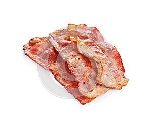 Slices of tasty fried bacon on background