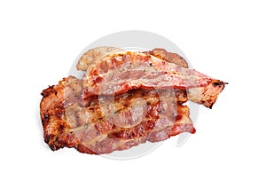 Slices of tasty fried bacon on background